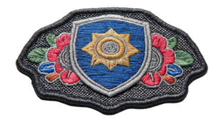 Detailed embroidered badge patch with floral shield emblem symbolizing authority craftsmanship textile art isolated on white background