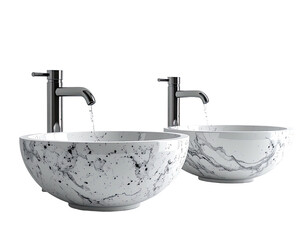 Two marble-effect basin sinks with chrome faucets, on black backdrop