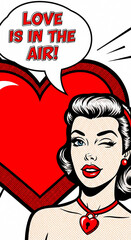 Young Pretty Pop Art Woman Holding Red Heart.
