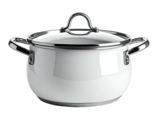 Shiny white enamel cooking pot with glass lid and metallic handles