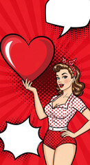 Young Pretty Pop Art Woman Holding Red Heart in her Hands. 