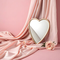 a heartshaped mirror against a soft pink backdrop