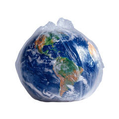 Wrapped Earth in plastic wrap with visible continents in blue and green hues under soft studio lighting for environmental awareness