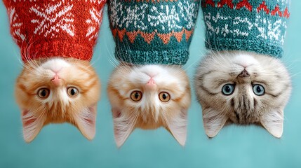 Upside-Down Festive Felines: Three kittens don cozy, patterned knitwear against a blue backdrop, showcasing their adorable faces in a playful, inverted composition.
