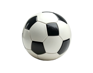 Classic leather soccer ball, black and white panels on a solid black background