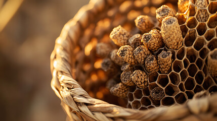 Close-up of natural honeycomb in woven basket