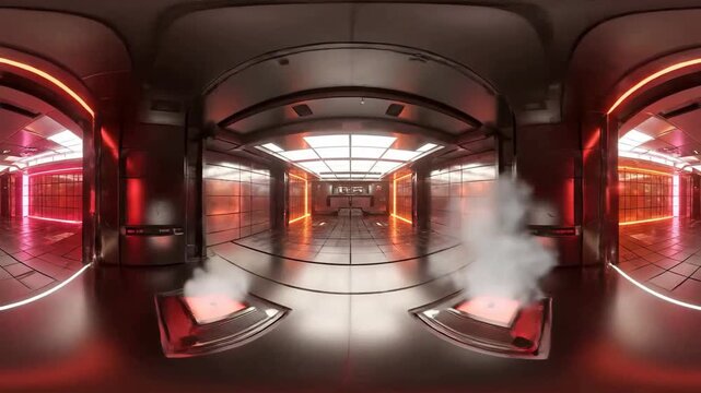 360 degree panorama of a futuristic corridor with neon lights and llic surfaces.
