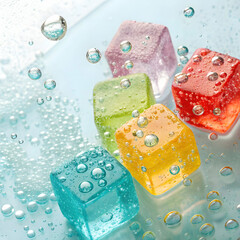 colorful ice cubes submerged in liquid surrounded
