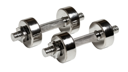 Pair of chrome dumbbells for fitness strength training bodybuilding workout gym equipment isolated on white background