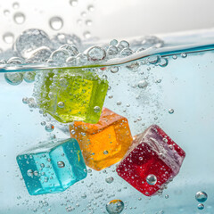 colorful ice cubes submerged in liquid surrounded