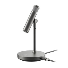 Silver condenser microphone on a stand isolated on transparent background