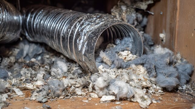 Clogged dryer vent with lint accumulation. An indoor hazard that could be a fire risk. Reduce the risk of fire by regularly cleaning vents in homes.