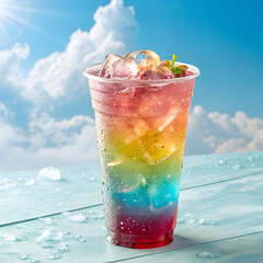 colorful refreshing drink in plastic cup on blue