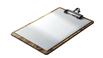 Angled wooden clipboard with blank white paper on a black background