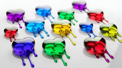 Colorful glass heart shapes with liquid drips on a white surface arranged in a creative pattern