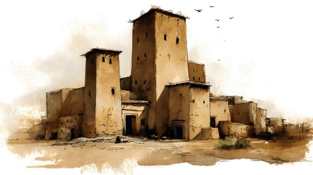 Watercolor painting of a desert fortress with towering turrets and rugged structures in ochre tones, capturing the essence of ancient architecture under a soft sky.