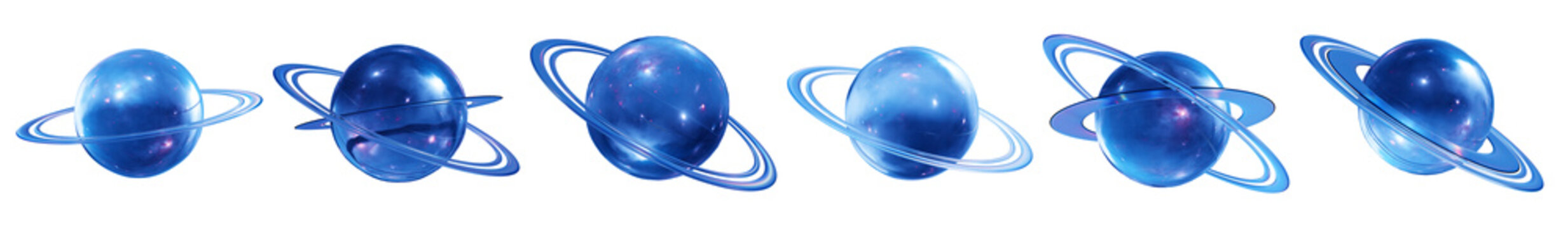Set of 3d transparent glossy planet with dispersion effect. Rainbow colors reflection glass. 3d glass retro with crystal dispersion effect. Abstract glassy Saturn planet with prism holographic