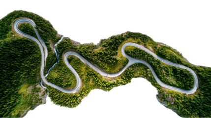 Aerial winding mountain road through green forest landscape representing travel adventure journey transportation infrastructure isolated scenic design on white background