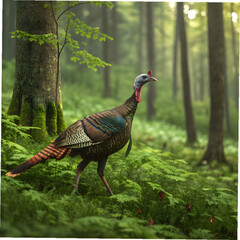 colorful wild turkey bird on lush green forest