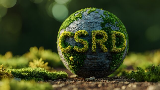 Depicts a moss-covered globe with the acronym "CSRD" in yellow flowers. Represents sustainability and corporate reporting. Stands for the Corporate Sustainability Reporting Directive.