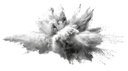 White powder explosion cloud with dynamic dust particles abstract motion effect dramatic creative texture isolated high speed studio capture on white background