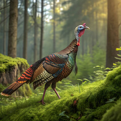colorful wild turkey bird on lush green forest