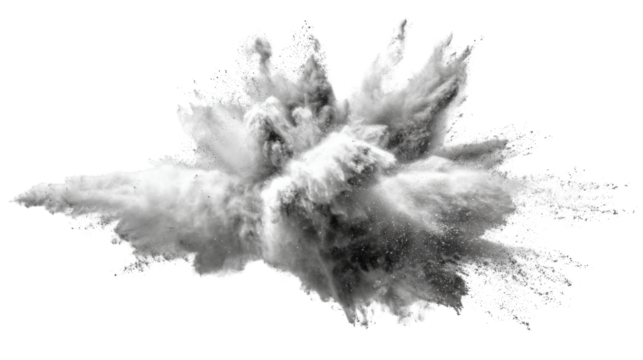 White powder explosion cloud with dynamic dust particles abstract motion effect dramatic creative texture isolated high speed studio capture on white background - Powered by Adobe