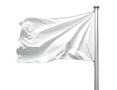 A white flag billowing in the wind, mounted on a metallic pole