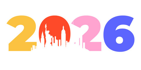 Colorful 2026 Digits with New York City Skyline Silhouette