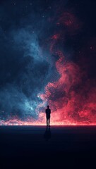 Obraz premium Lone figure silhouetted against a dramatic cosmic nebula of red and blue hues