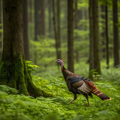 colorful wild turkey bird on lush green forest