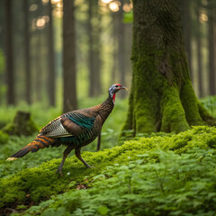 colorful wild turkey bird on lush green forest