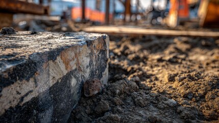 Close-up of a weathered stone in construction site with blurred machinery and soil. Natural light and rough textures
