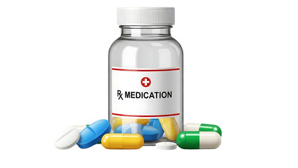 Medicine bottle with pills and capsules on a white background