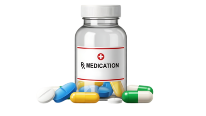 Medicine bottle with pills and capsules on a white background