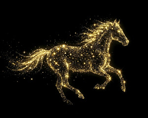 Abstract golden dust horse silhouette galloping on black background, magical luxury chinese new year concept.