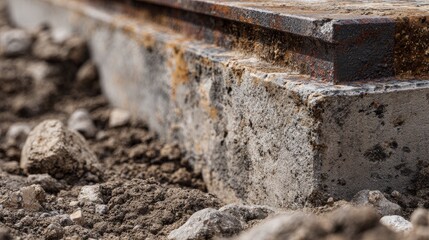 Close-up of concrete base with rusted metal edge, partially buried in dirt and gravel, showing weathered texture