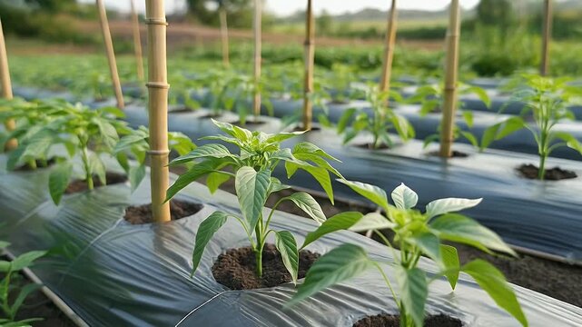 Pepper plants growing in a field with plastic mulch for agriculture practices