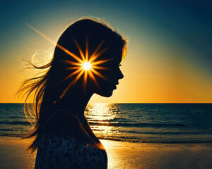 Silhouette of woman against sunset by the ocean with sunburst effect