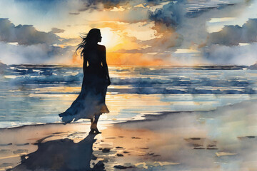 Silhouette of woman walking along beach at sunset with vibrant colors