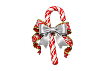 Candy cane with silver bow and festive red ribbon, symbolizing christmas holiday treats and winter celebrations