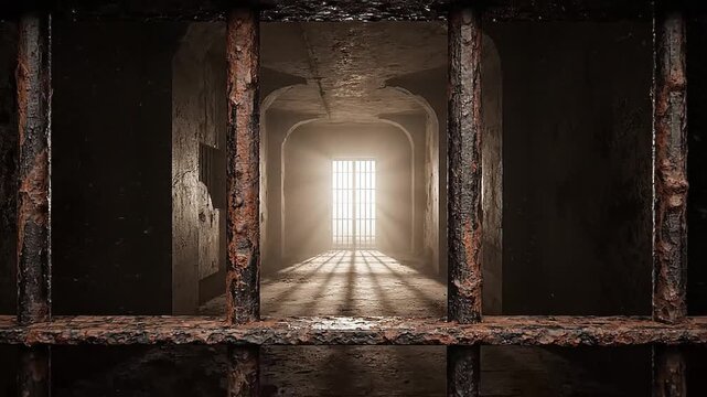 Exploring a dimly lit prison corridor with rusty bars.