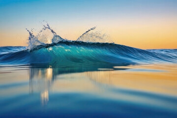 Ocean wave crashing at sunset with vibrant colors and reflections