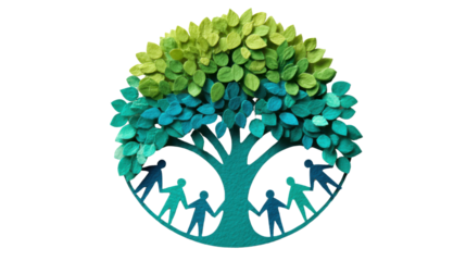 Paper cut family tree with people figures symbolizing community unity sustainability growth social connection concept isolated on white background