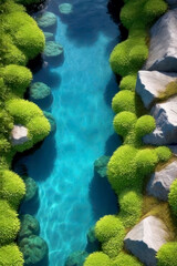 Serene waterway surrounded by lush greenery and smooth stones