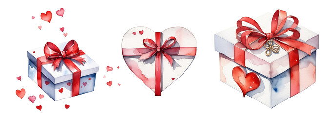 Colorful gift boxes with red ribbons and hearts for celebration illustration