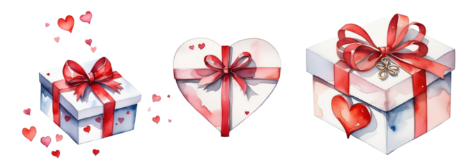 Colorful gift boxes with red ribbons and hearts for celebration illustration
