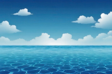 Tranquil ocean scene with clear blue water and fluffy clouds above