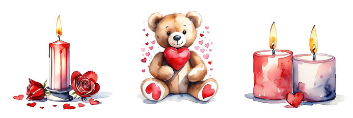 Watercolor illustration of romantic candles and teddy bear with hearts