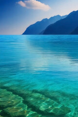 Serene turquoise water reflecting mountains under a clear blue sky